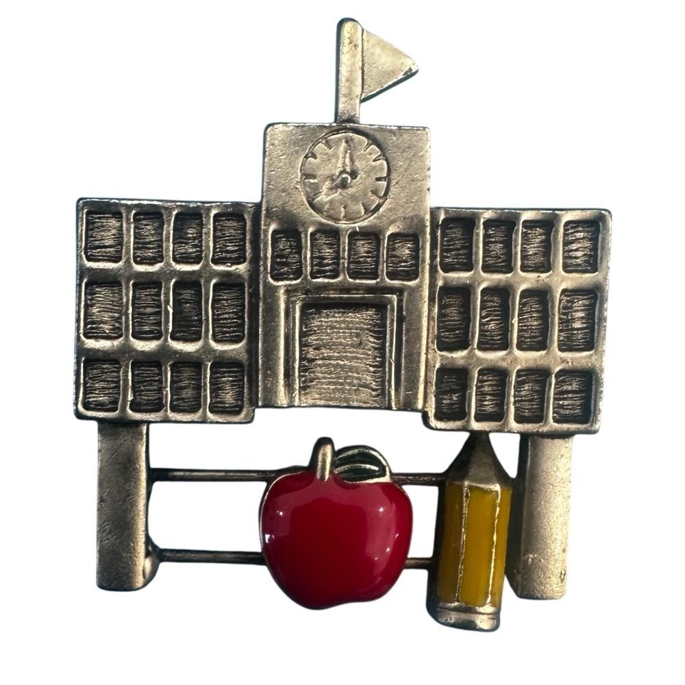Schoolhouse Brooch with Red Apple and Yellow Pencil Vintage EUC